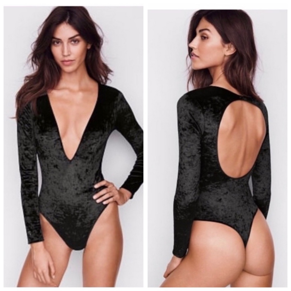 Victoria's Secret Black Velvet Long-Sleeve Plunge-Back Bodysuit